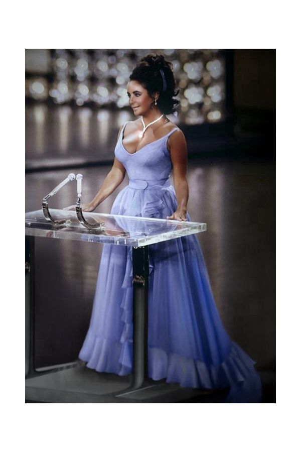 Elizabeth Taylor Blue V Neck Ruffled Chiffon Celebrity Dress Oscars 1970