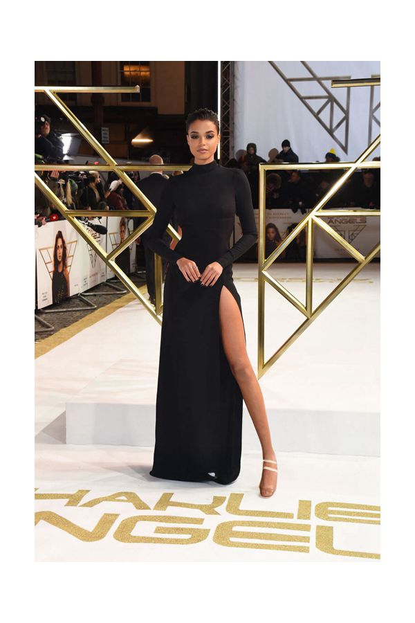 Ella Balinska Black Long-sleeve Dress with Slit 'Charlie's Angels' London Premiere