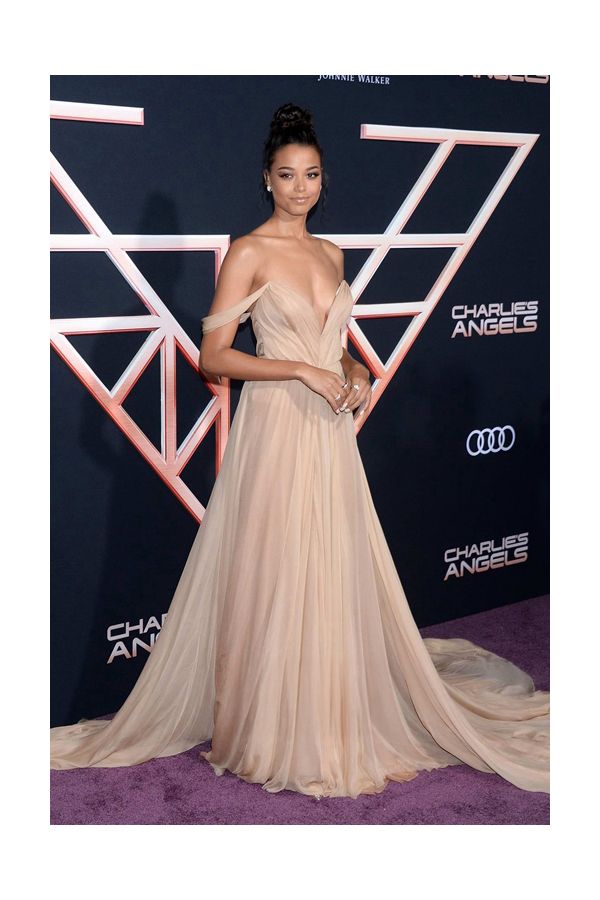 Ella Balinska Champagne Off the Shoulder Chiffon Gown Charlies Angels Premiere
