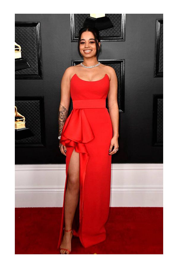 Ella Mai Red Strapless Long Formal Prom Celebrity Dress with Slit Grammys 2020
