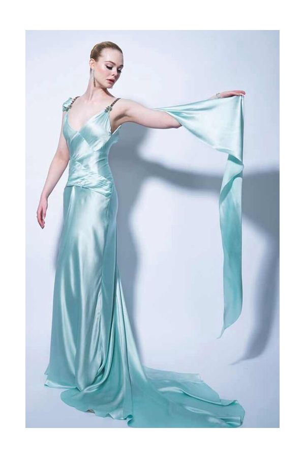 Elle Fanning Inspired Light Blue Satin Celebrity Formal Prom Dress Golden Globes 2021