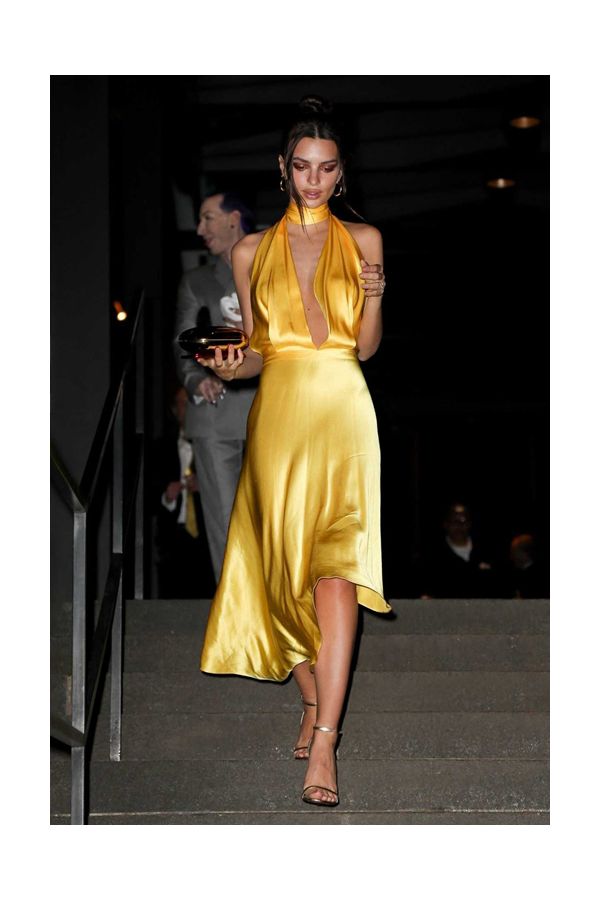 Golden Muse Emily Ratajkowski Inspired Yellow Satin Halter Plunge Asymmetrical Celebrity Formal Prom Dress Marc Jacobs Wedding