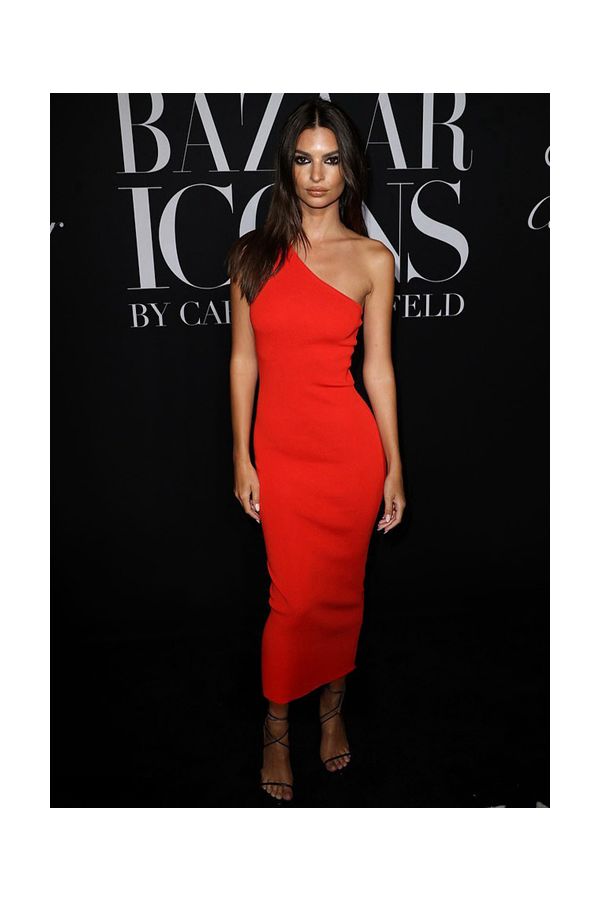 Emily Ratajkowski Red One-shoulder Celebrity Dress Harper's Bazaar 2019
