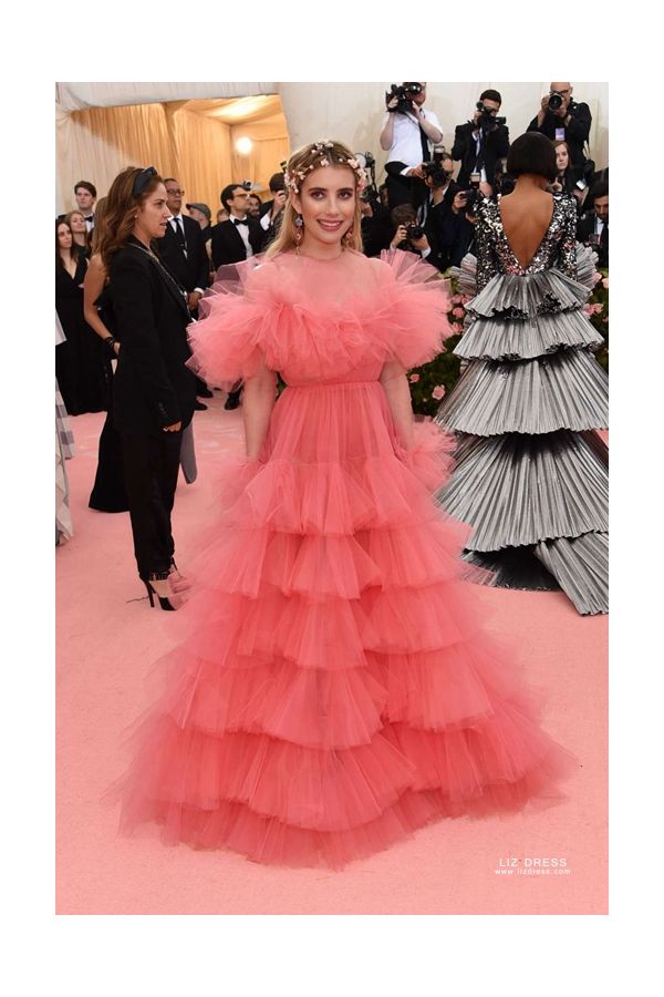 Emma Roberts Coral Long-sleeve Tulle Formal Prom Celebrity Dress Met Gala 2019