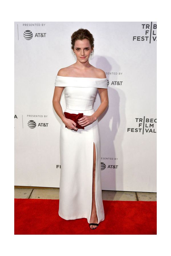 Elegance Reimagined – White Off-the-shoulder Sheath Gown with Side Slit