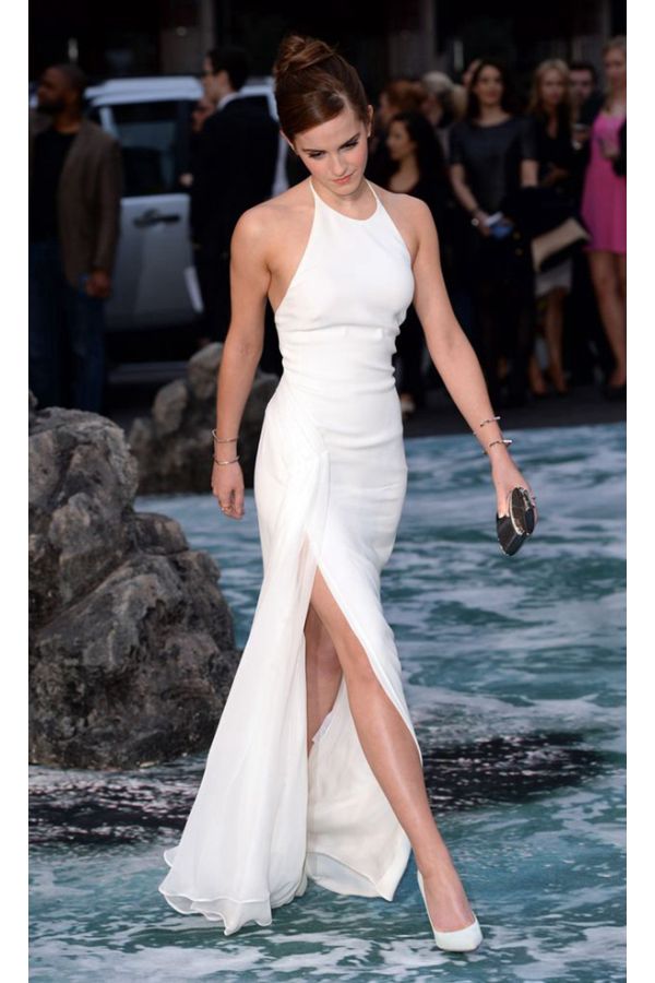 Icy Poise – Emma Watson “Noah” London Premiere-Inspired White Halter Slit Sheath Gown