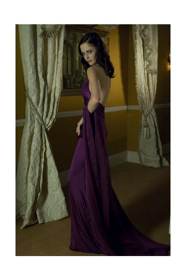 Twilight Allure Eva Green Inspired Purple Strapless Cape Sweep Train Celebrity Formal Prom Dress Casino Royale