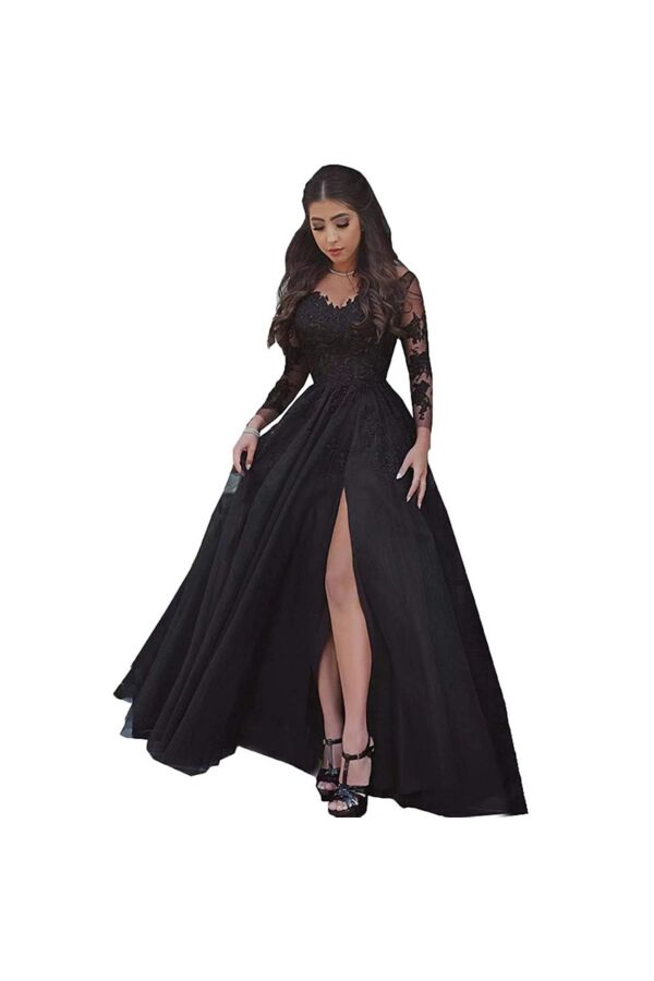 Noir Enchantress — Long-Sleeve Lace Evening Dress