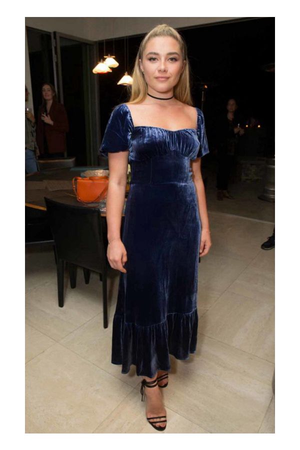 Florence Pugh Inspired Navy Blue Velvet Christmas Cocktail Party Celebrity Dress