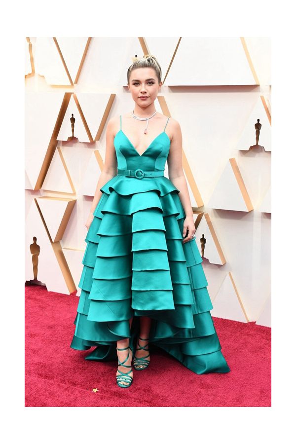 Florence Pugh Inspired Teal Blue Satin Formal Prom Celebrity Dress Oscars 2020