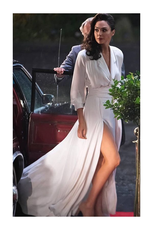 Gal Gadot Inspired White Long-sleeve High Slit Dress in Wonder Woman 1984 – Effortlessly Chic Evening Gown with Timeless Elegance