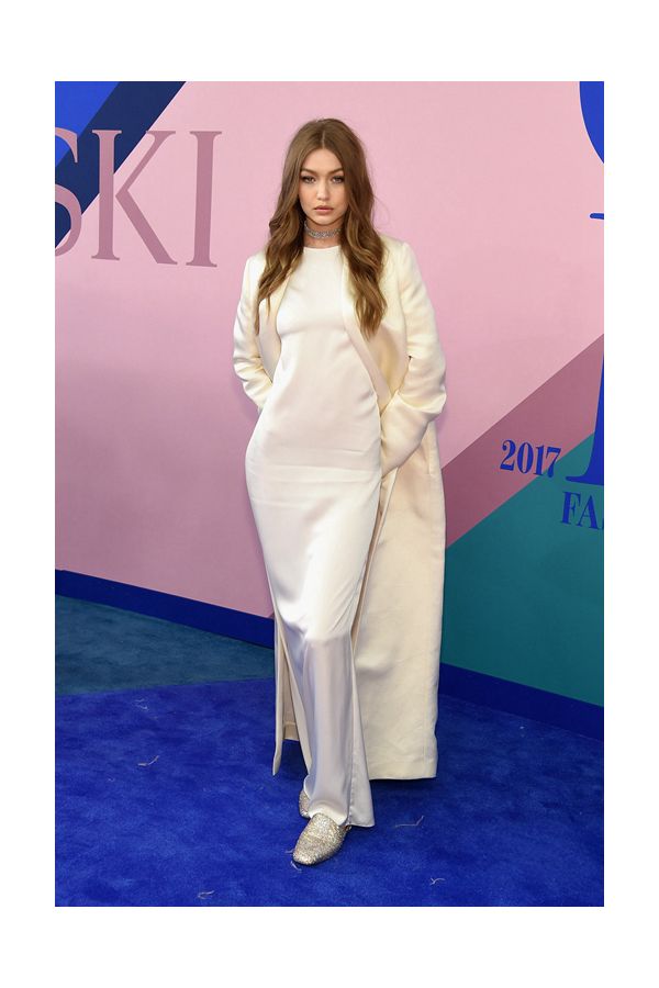 Gigi Hadid Inspired White Formal Evening Celebrity Dress with Coat CFDA Awards 2017