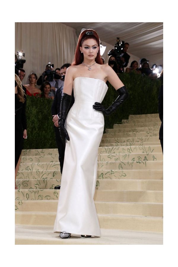 Gigi Hadid Inspired White Strapless Satin Celebrity Formal Dress Met Gala 2021