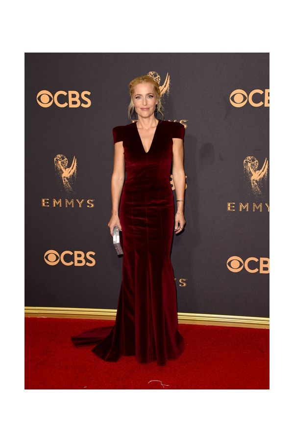 Gillian Anderson Burgundy Velvet Mermaid Dress Emmys 2017