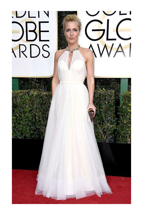 Gillian Anderson White Halter Tulle Ball Gown Golden Globes Party 2017