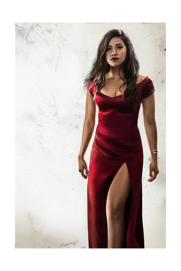 Gina Rodriguez Red Off-the-shoulder Satin Celebrity Dress with Slit in Movie "Miss Bala"