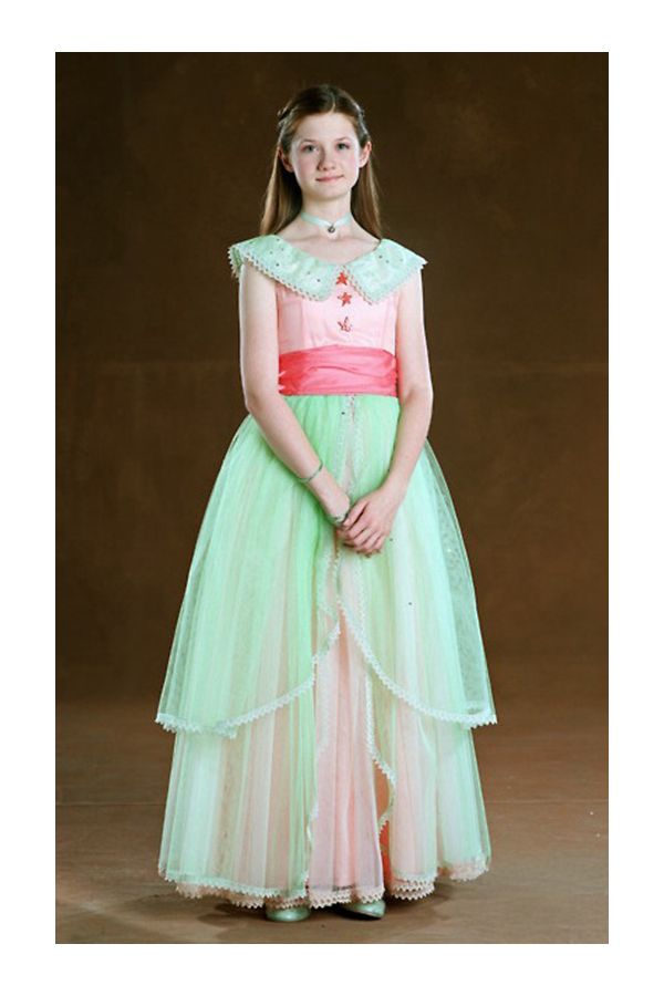 Ginny Weasley Inspired Pastel Pink & Green Off-the-Shoulder Tiered Chiffon Yule Ball Gown from “Harry Potter”  