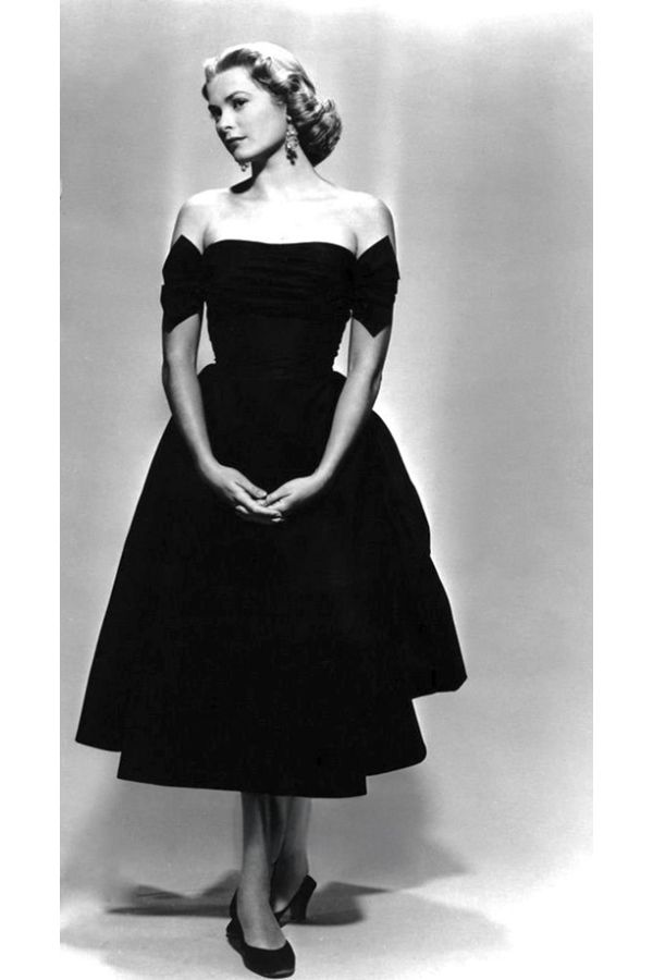 Grace Kelly Black Off the Shoulder Tea Length Vintage Celebrity Dress