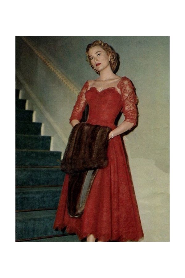 Grace Kelly Red Lace Tea-length Cocktail Party Vintage Celebrity Dress