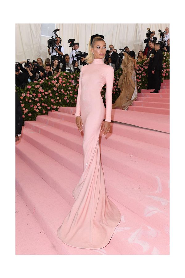Blush Reverence – Hailey Baldwin Met Gala 2019–Inspired High-Neck Long-Sleeve Column Gown