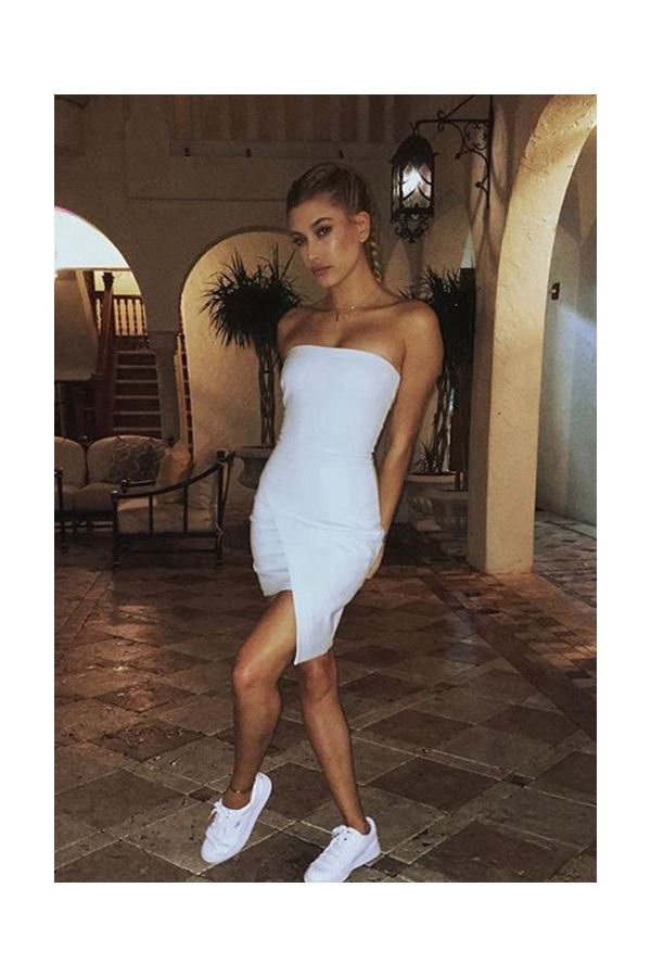 Hailey Baldwin Inspired Short White Strapless Cocktail Party Celebrity Dress