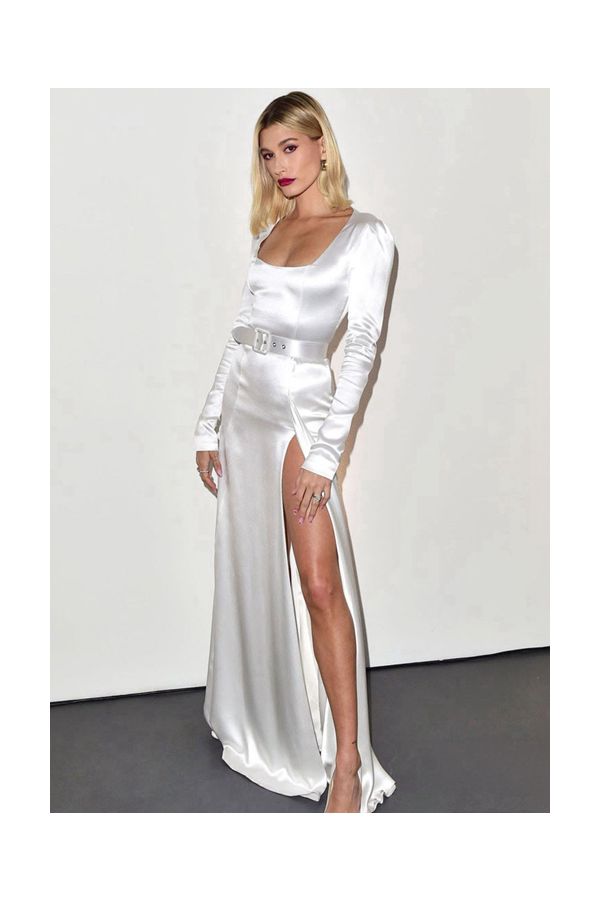 Hailey Baldwin Inspired White Long-sleeves Formal Evening Prom Celebrity Dress with Slit