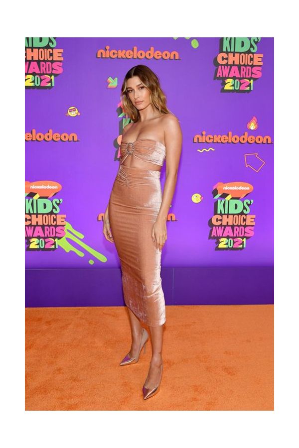 Hailey Bieber Inspired Rose Gold Velvet Midi Length Cocktail Party Celebrity Dress