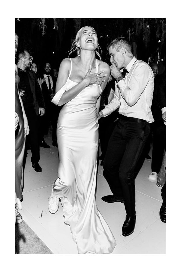 Hailey Bieber Inspired White Satin Backless Celebrity Wedding Reception Dress