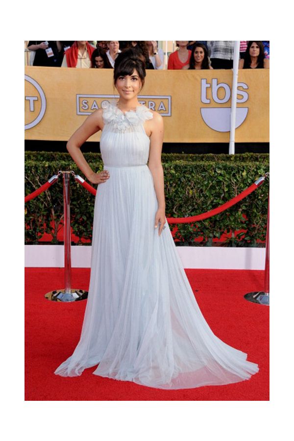 Hannah Simone Light Blue High-Neck Floral Chiffon Formal Prom Celebrity Dress SAG Awards 2014