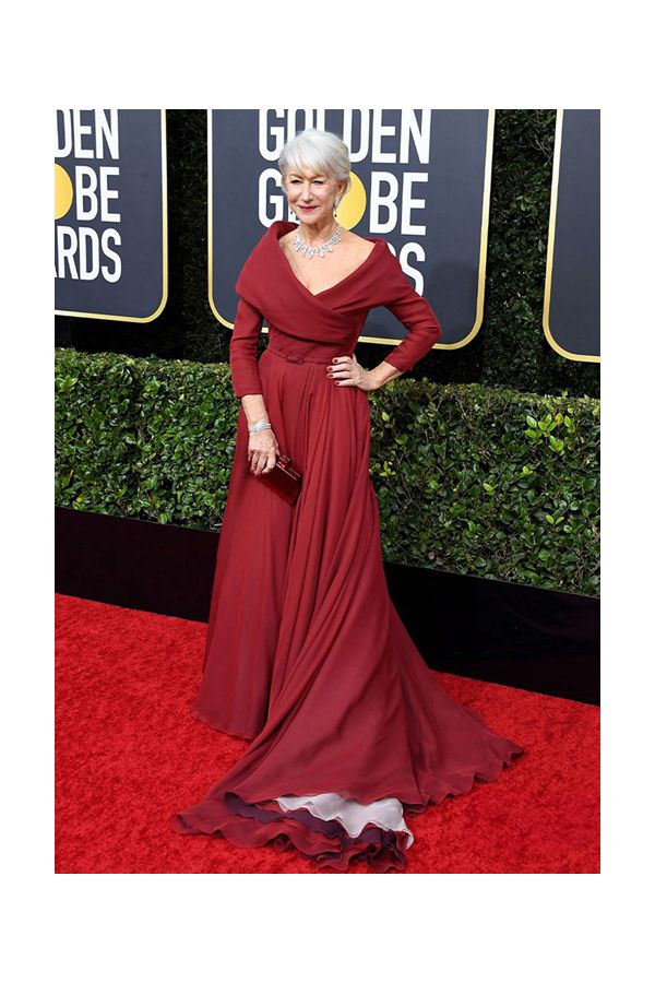 Helen Mirren Burgundy Off-the-shoulder Formal Celebrity Dress Golden Globes 2020