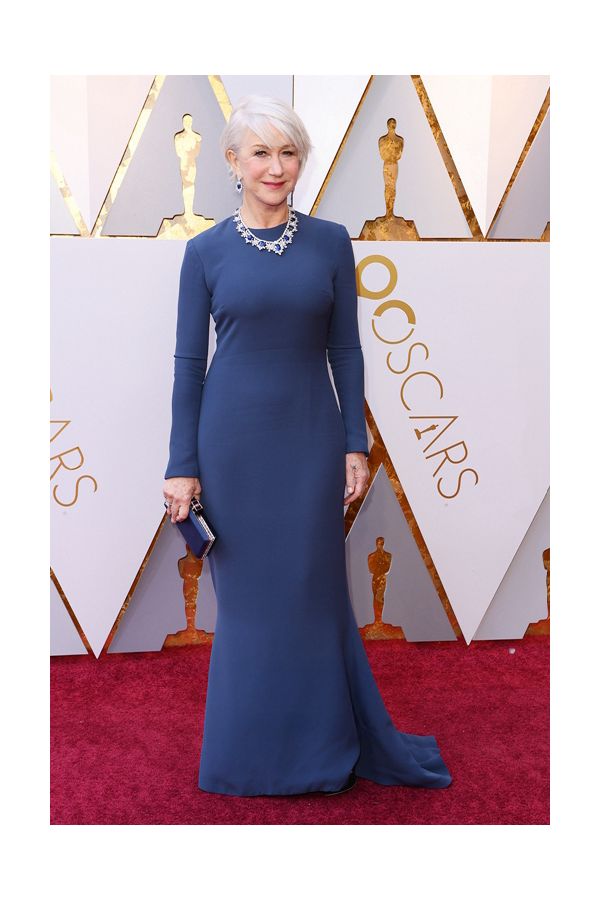 Timeless Sapphire – Helen Mirren Oscars 2018–Inspired High-Neck Navy Column Gown
