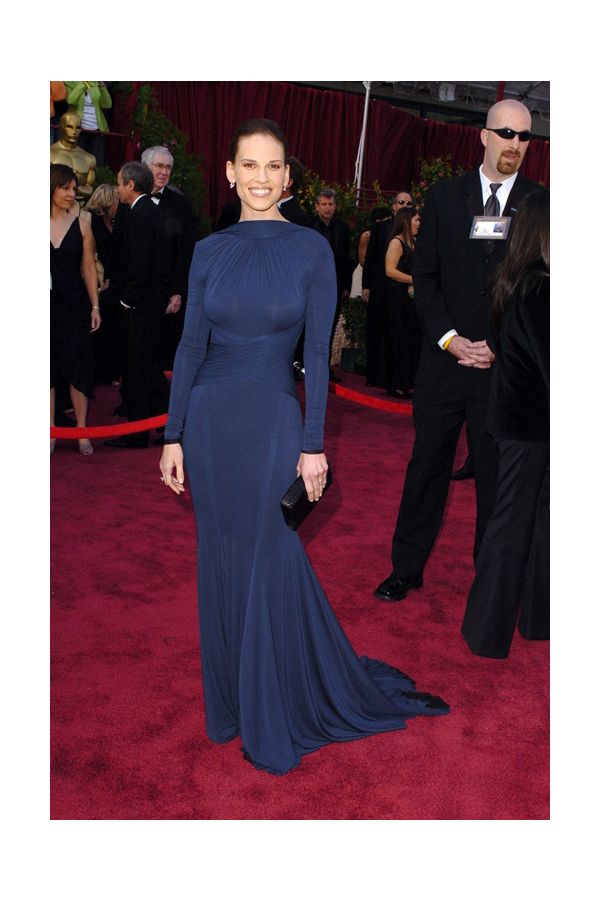 Hilary Swank Dark Navy Long-Sleeve Backless Gown Oscars 2005