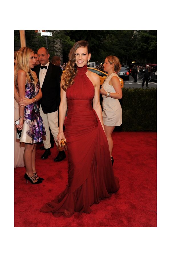 Hilary Swank Inspired Red High-neck Chiffon Celebrity Formal Prom Dress Met Gala 2012