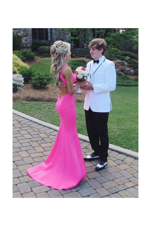 Fuchsia Delight – Hot Pink V-Neck Mermaid Prom Dress