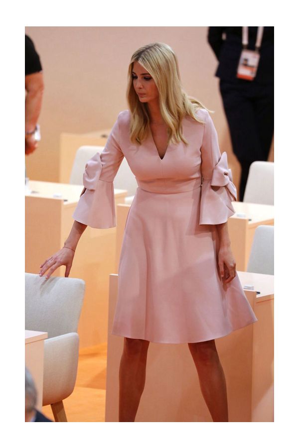 Summit Soirée – G20 Summit 2017–Inspired Blush Pink Bow-Sleeve V-Neck A-Line Dress