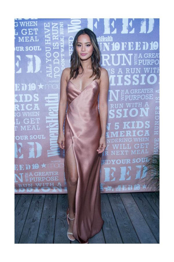 Blushing Silk – Jamie Chung Rose-Pink Satin Slip Gown