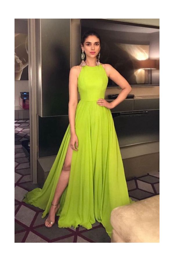 Janhvi Kapoor Inspired Neon Green Chiffon Celebrity Formal Prom Dress with Slit