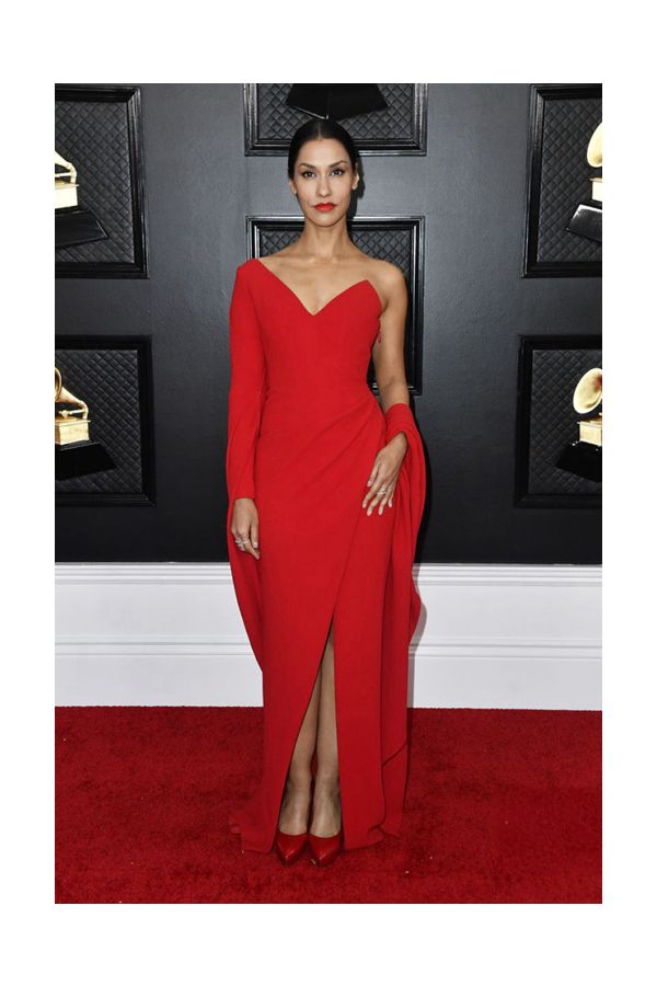 Janina Gavankar Red One-sleeve Celebrity Formal Prom Dress with Slit Grammys 2020