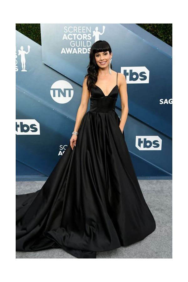 Jenna Lyng Black Spaghetti Straps V-neck Satin Formal Prom Dress SAG Awards 2020