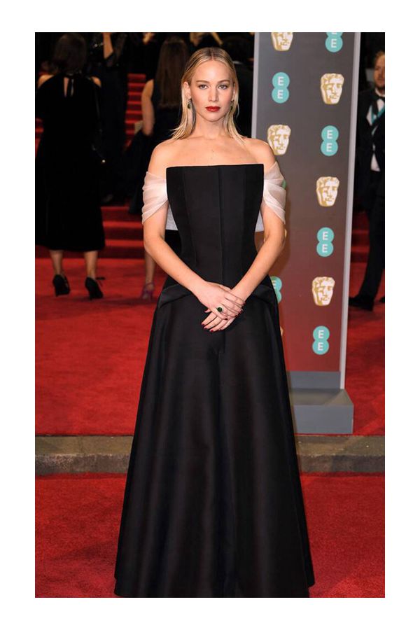 Jennifer Lawrence BAFTA 2018 Black Off-the-Shoulder Satin Floor-Length Gown