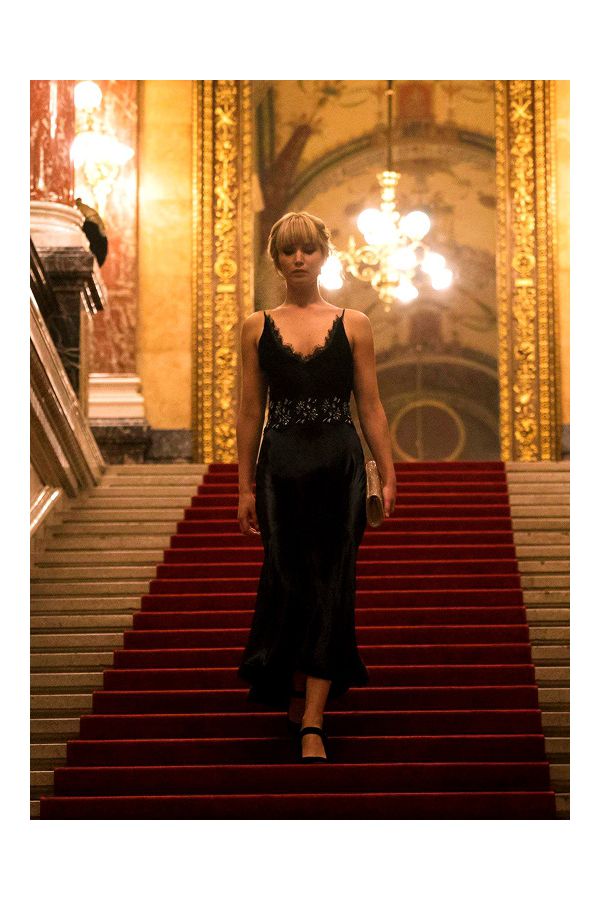 Jennifer Lawrence Black Lace Spaghetti Straps V-neck Dress in Movie "Red Sparrow"