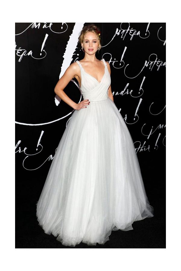 Jennifer Lawrence White V-neck Tulle Ball Gown Formal Dress Mother! Premiere