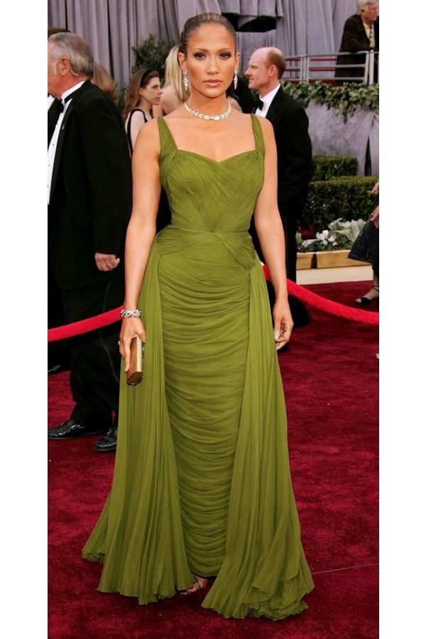 Jennifer Lopez Vintage Olive Green Chiffon Celebrity Formal Evening Dress Oscars 2006