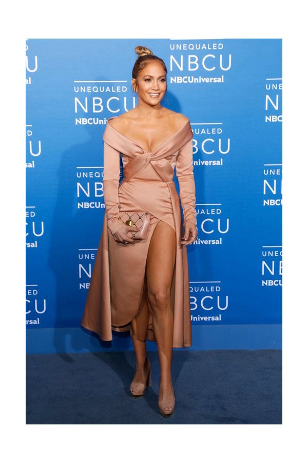Jennifer Lopez Rose Gold Satin Celebrity Dress NBC Universal Upfront 2017