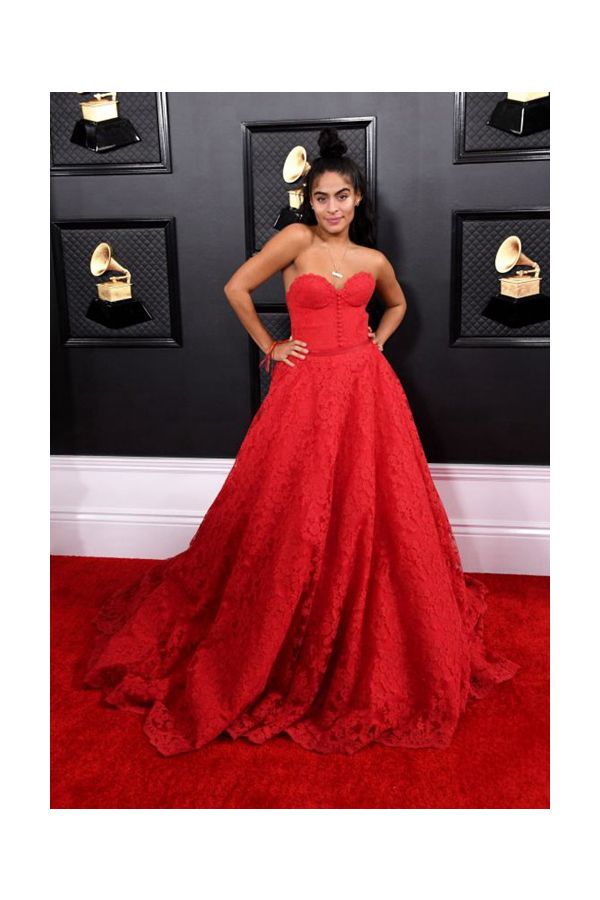 Jessie Reyez Red Strapless Lace Ball Gown Formal Prom Dress Grammys 2020