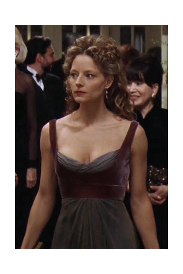 Jodie Foster Inspired Burgundy and Gray Satin Dress in Contact – Elegant Evening Gown with Square Neckline and Floor-Length Design