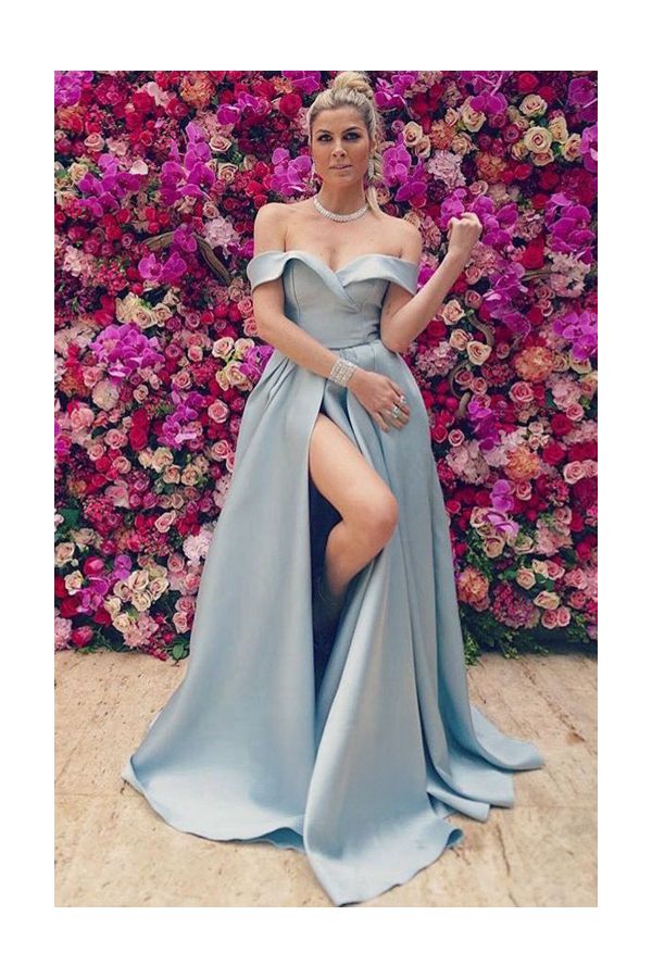 Blue Radiance – Julia Faria Baby Blue Off-the-Shoulder Satin Gown