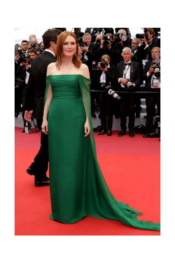 Emerald Cascade – Julianne Moore Cannes 2019–Inspired Off-the-Shoulder Draped Chiffon Column Gown