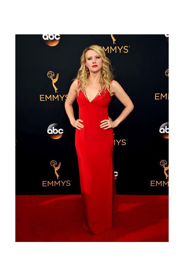 Kate McKinnon Red V-neck Satin Formal Prom Celebrity Dress with Slit Emmys 2016