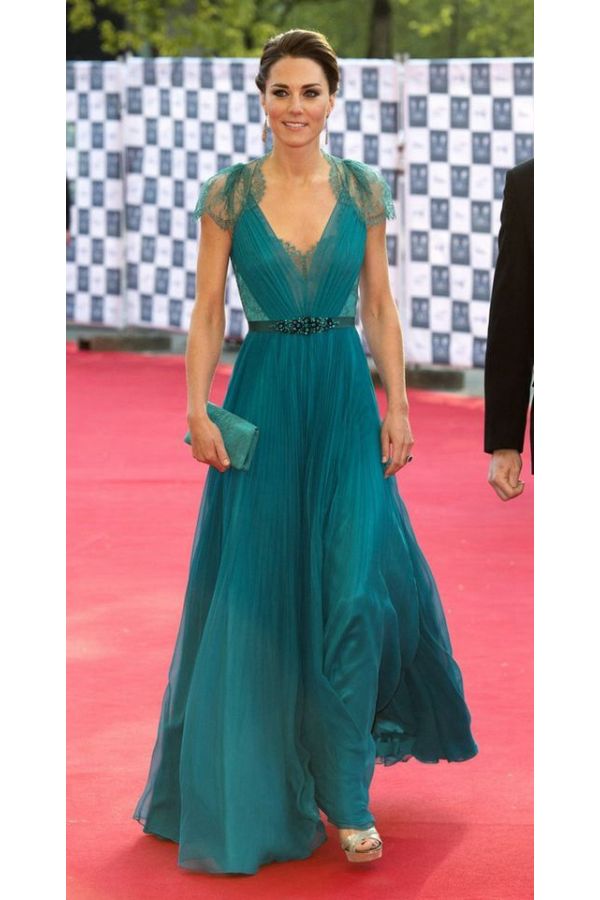 Kate Middleton Teal Blue Lace Chiffon Long Formal Prom Celebrity Dress